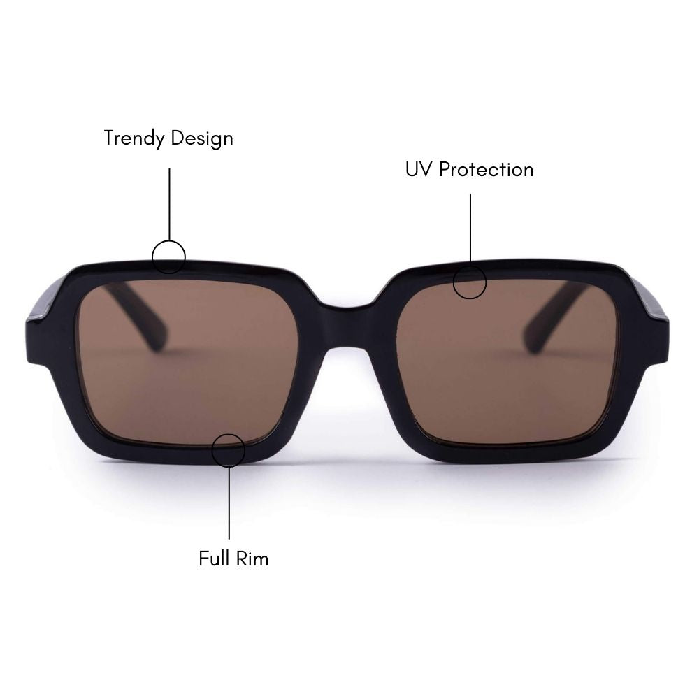 Ebony Glossy Finish Rectangular Sunglasses (UV400 Protection)